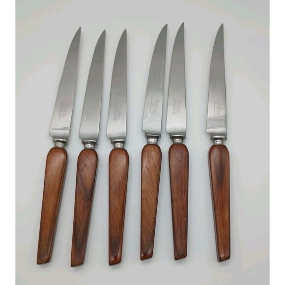 6 Vtg Burns Steak Knives Stainless Steel Blade Wood Handle England - Picture 1 of 4